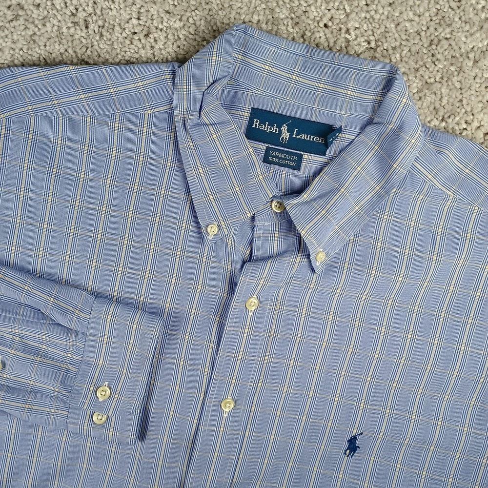 Vintage Ralph Lauren Yarmouth Shirt Mens 17.5 34/35 Blue Yellow Plaid Dress XL